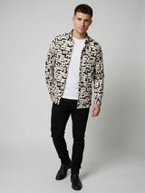 Men's Monochrome Typography Print Long Sleeve Button-Down Shirt