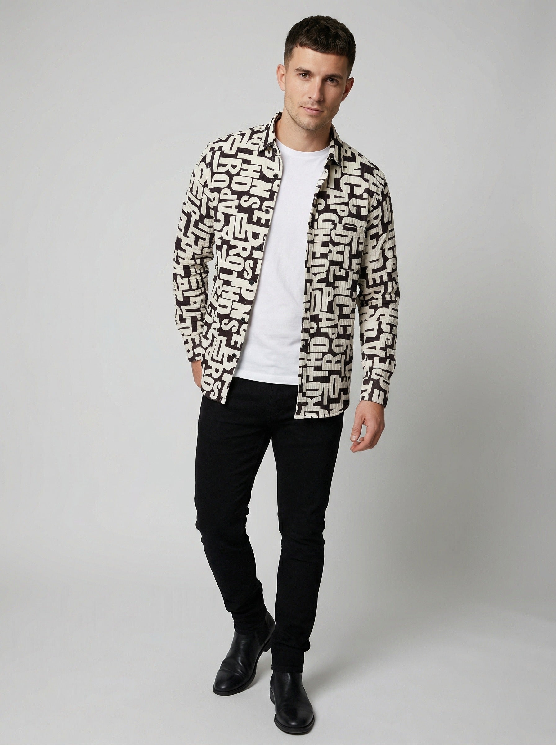 Men's Monochrome Typography Print Long Sleeve Button-Down Shirt