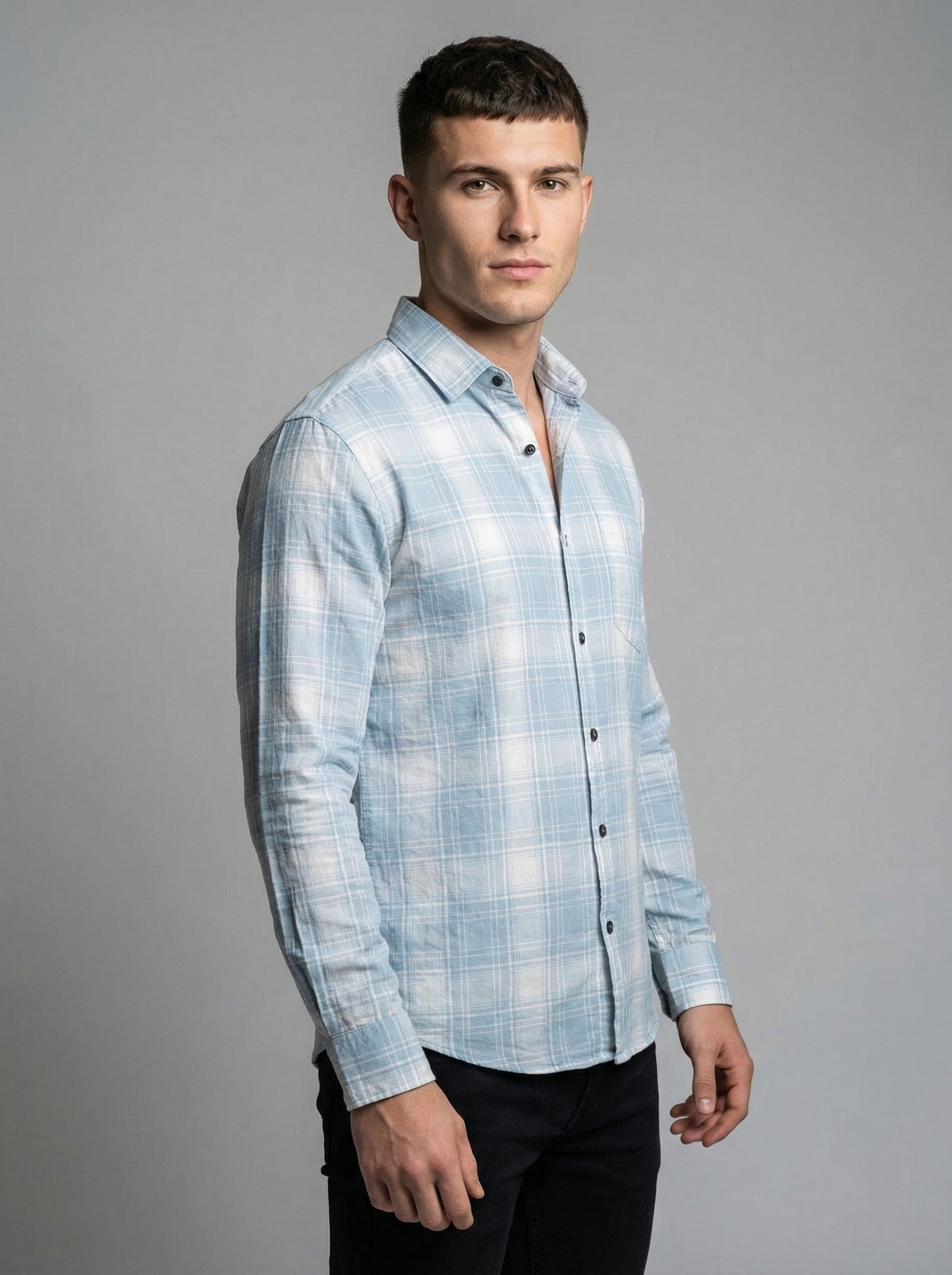 Men's Light Blue and White Plaid Long Sleeve Button-Down Shirt