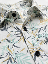 Men's Tropical Bamboo Leaf Print Button-Down Shirt - White & Tan Long Sleeve Casual Summer Shirt