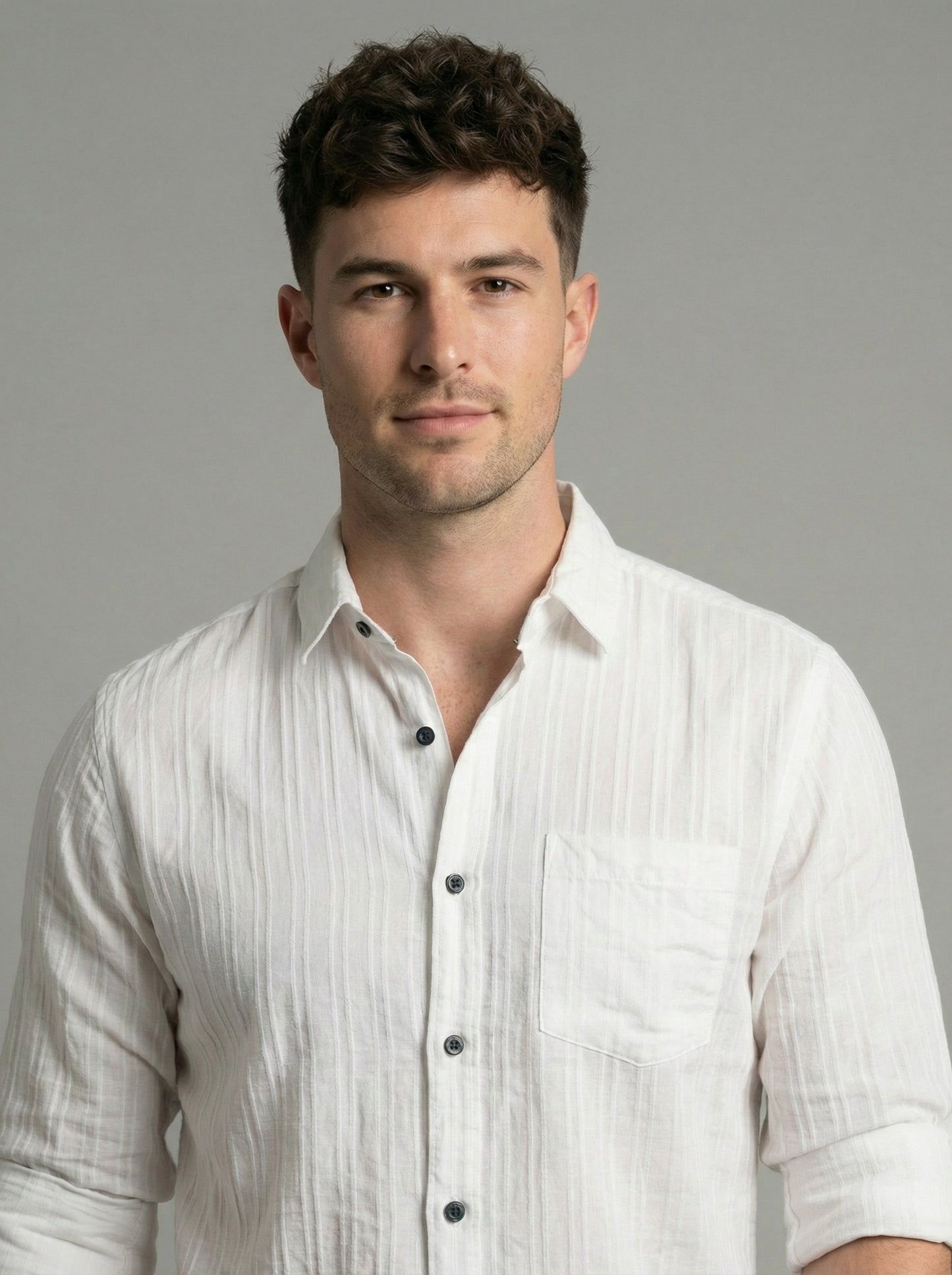 Men's White Textured Long Sleeve Button Down Casual Shirt