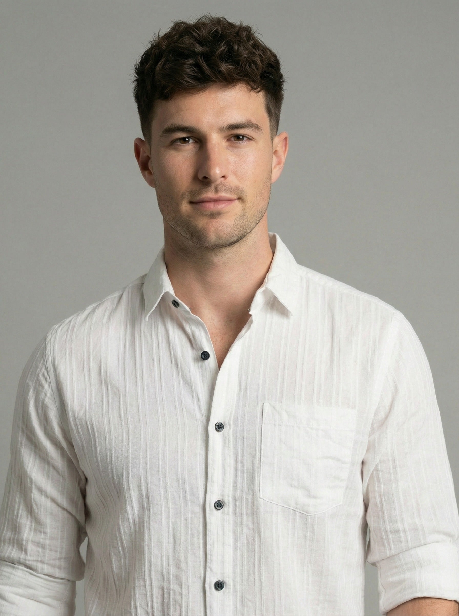 Men's White Textured Long Sleeve Button Down Casual Shirt