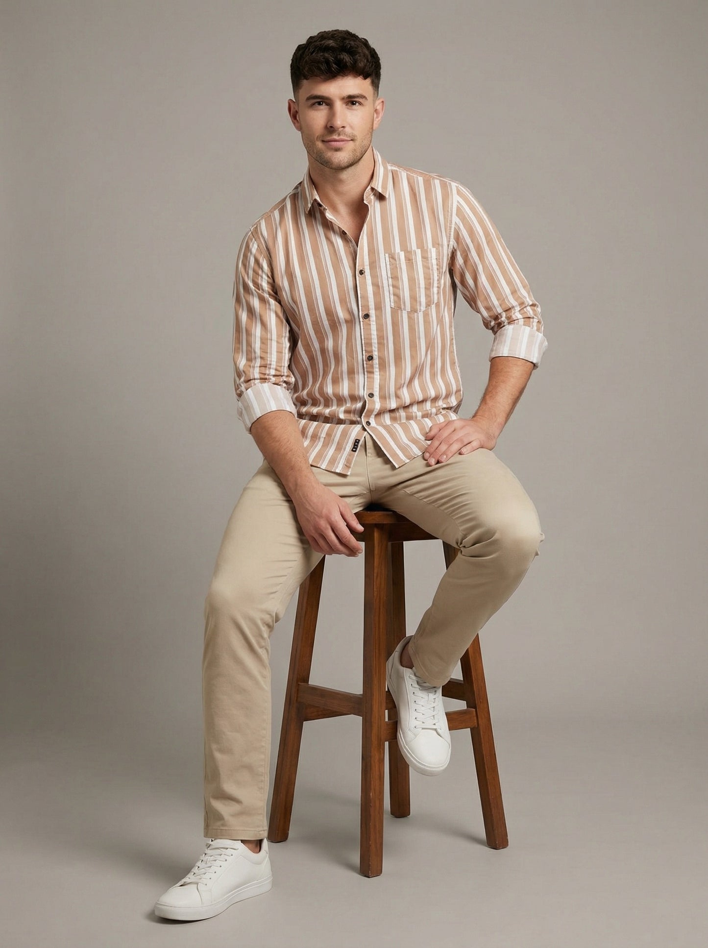 Men's Casual Brown and White Horizontal Striped Long Sleeve Button-Down Shirt