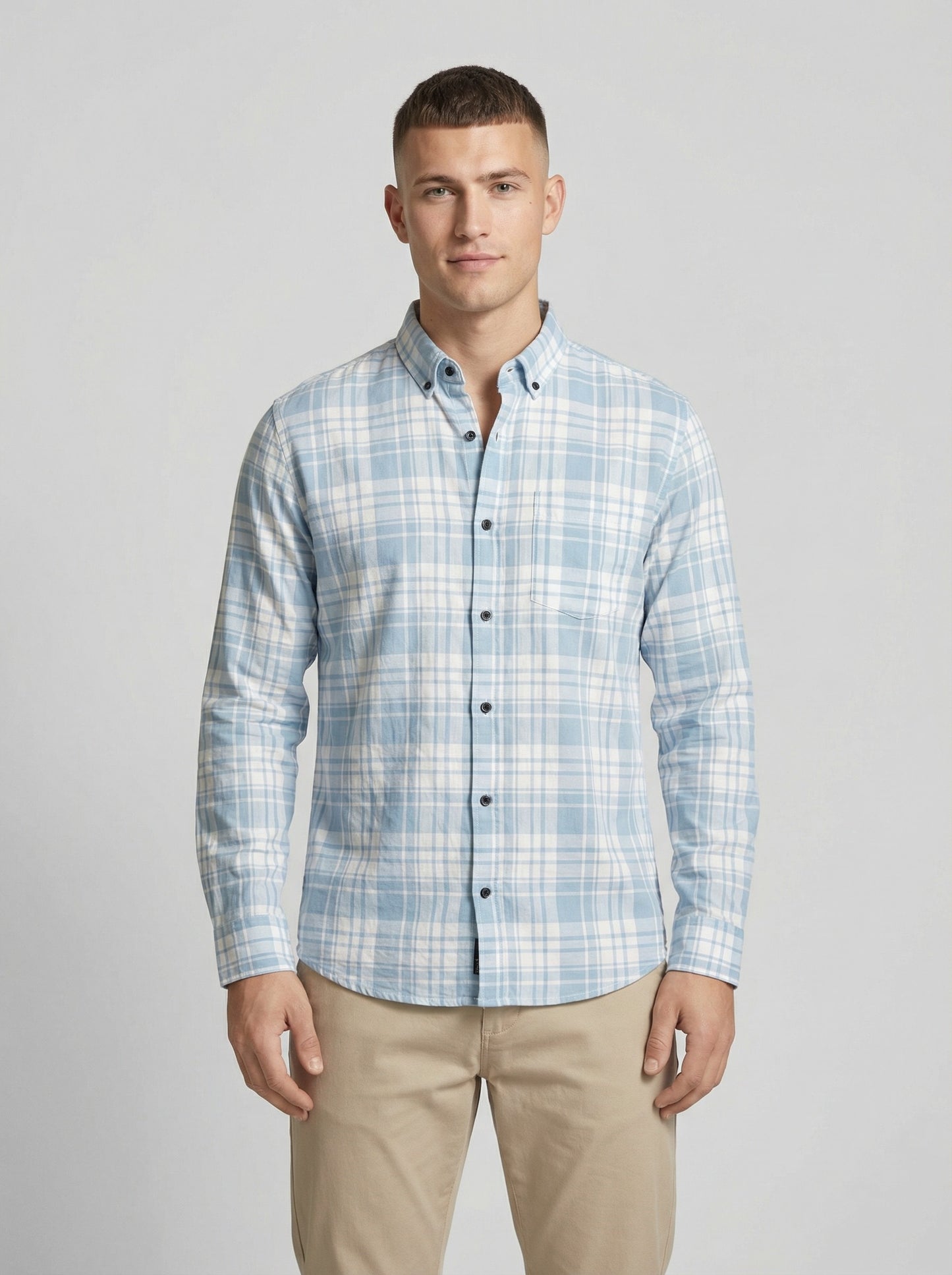 Men's Light Blue and White Plaid Button-Down Casual Shirt