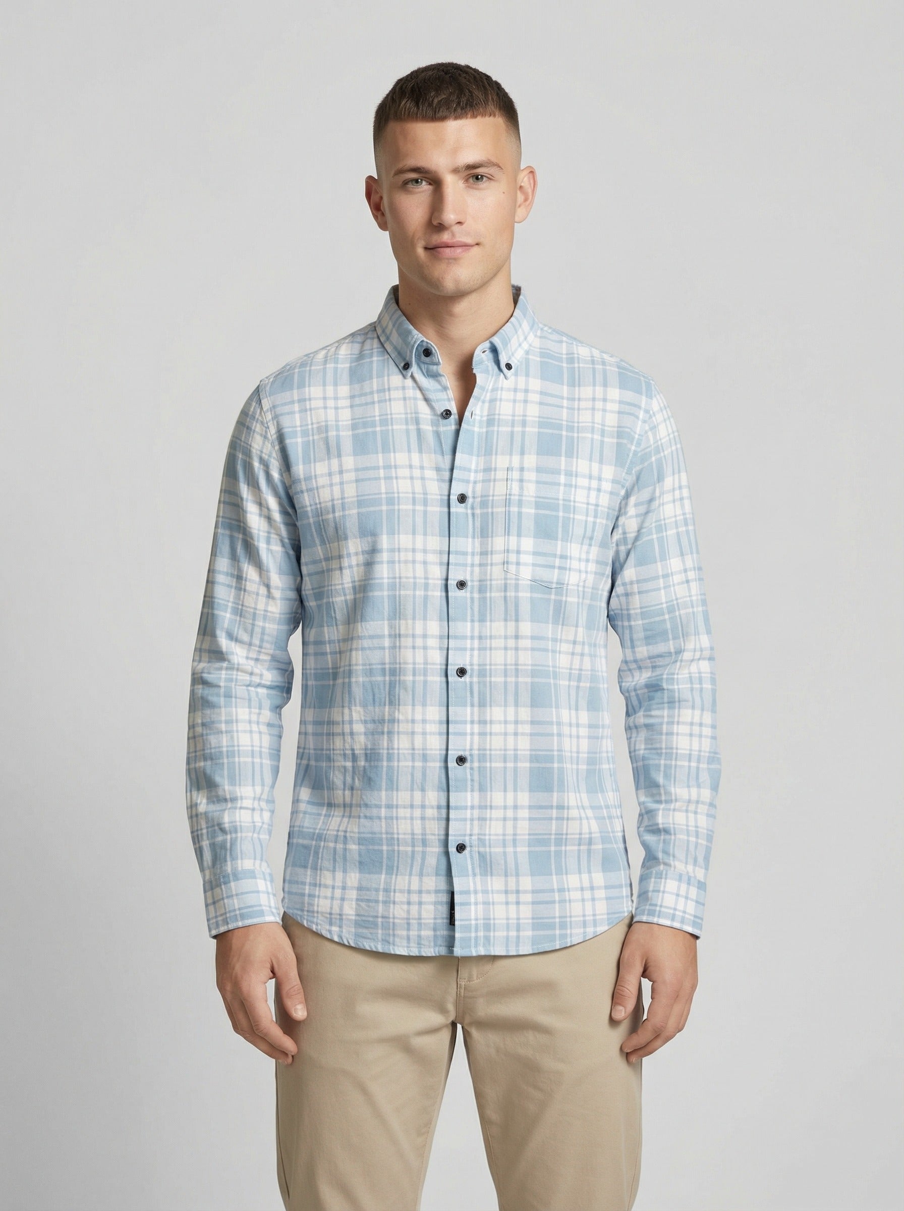 Men's Light Blue and White Plaid Button-Down Casual Shirt