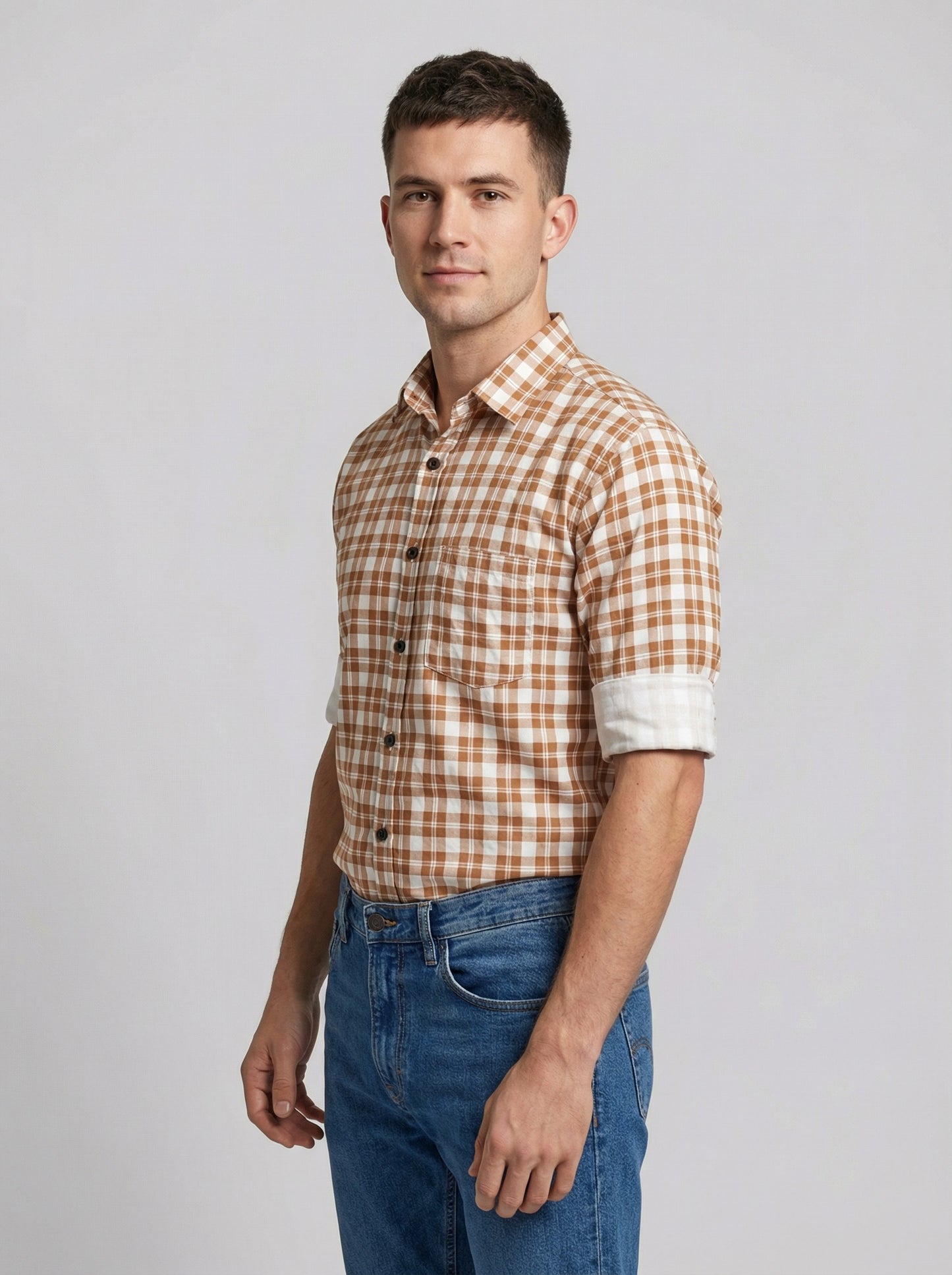 Men's Orange and White Gingham Checkered Button-Down Shirt