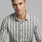 Men's Grey and White Striped Long Sleeve Button-Down Shirt