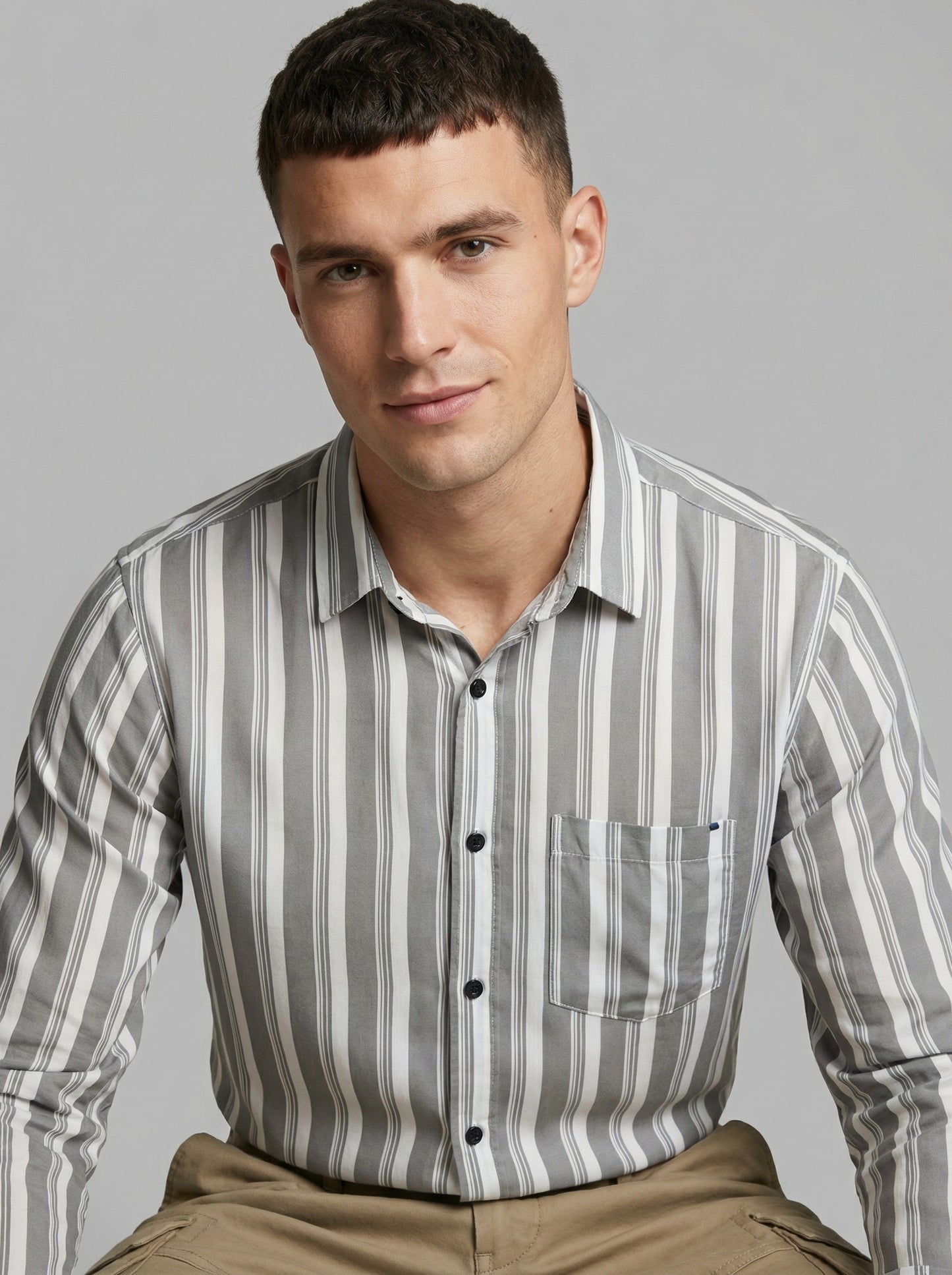 Men's Grey and White Striped Long Sleeve Button-Down Shirt