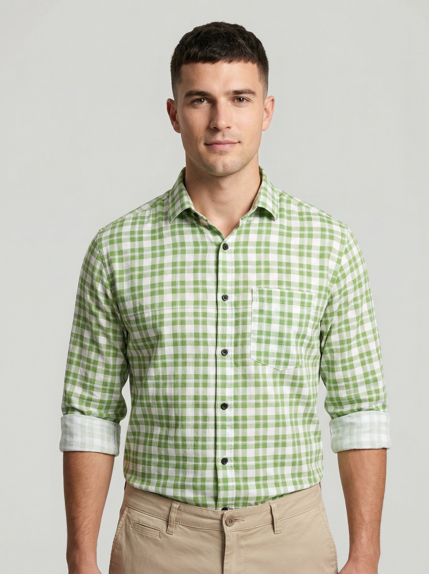 Men's Sage Green Gingham Checkered Long Sleeve Button-Down Shirt