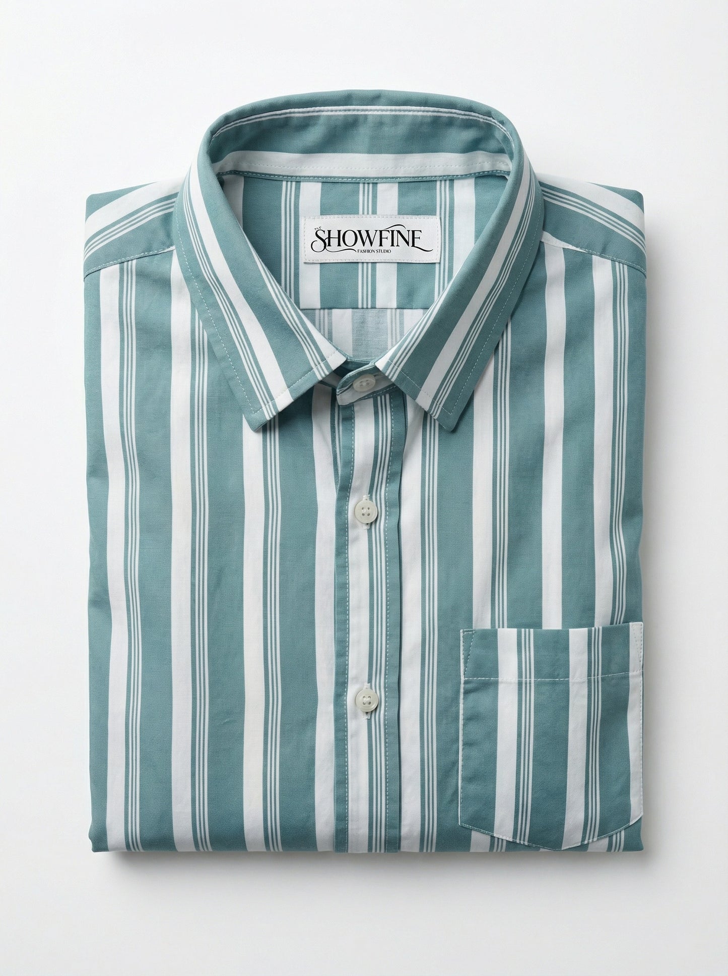 Men's Sage Green and White Horizontal Striped Button-Down Shirt