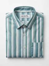 Men's Sage Green and White Horizontal Striped Button-Down Shirt