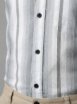 Men's Classic Grey and White Horizontal Striped Long Sleeve Button-Down Shirt