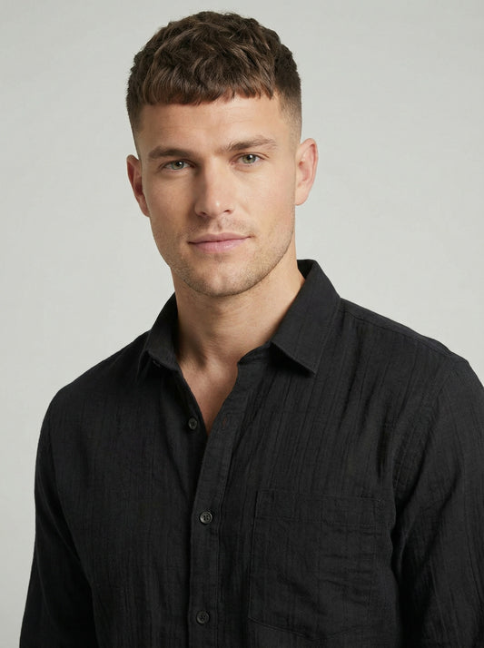 Men's Black Textured Long Sleeve Button-Down Casual Shirt - Premium Slim Fit