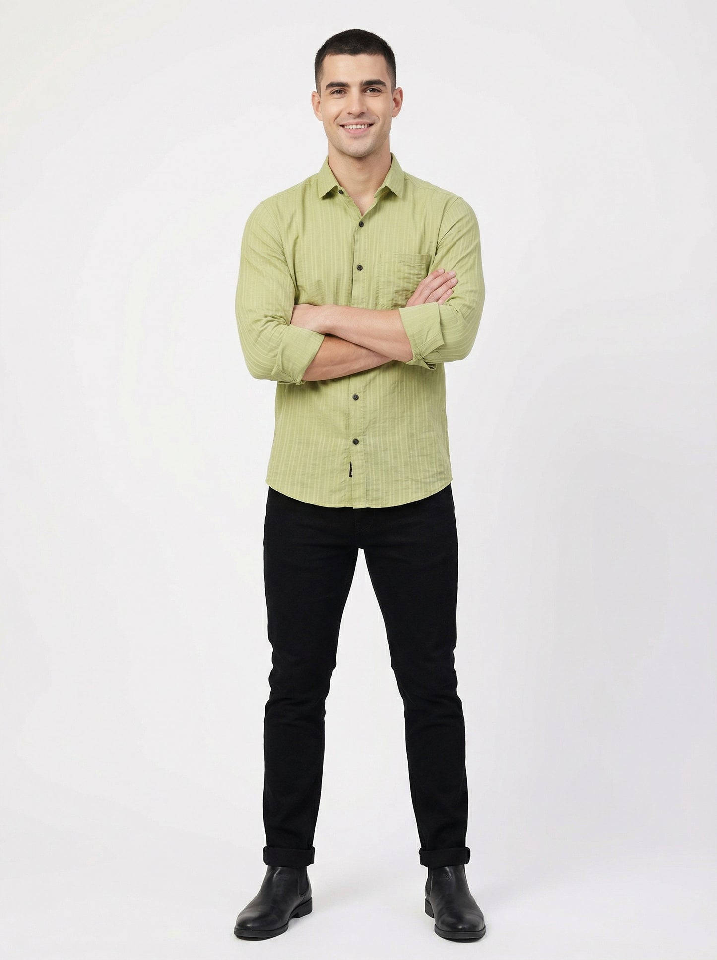 Men's Lime Green Textured Long Sleeve Button Down Casual Shirt