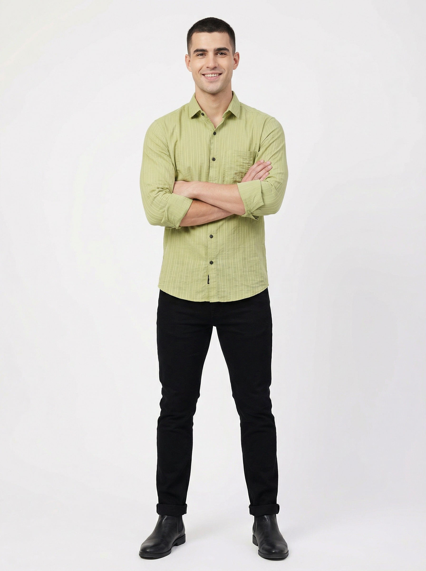 Men's Lime Green Textured Long Sleeve Button Down Casual Shirt