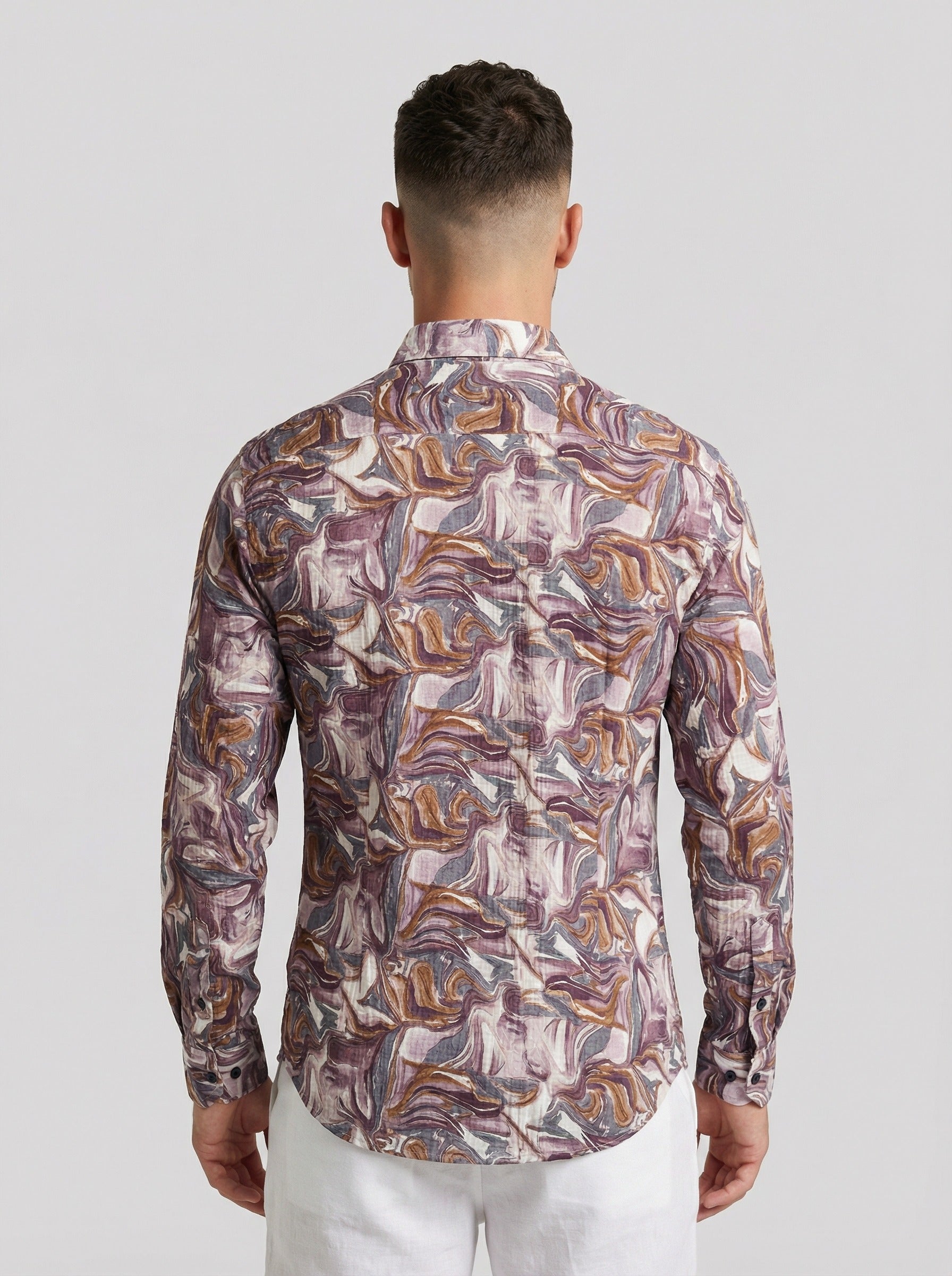 Men's Abstract Print Long Sleeve Button-Down Shirt - Lightweight Casual Top