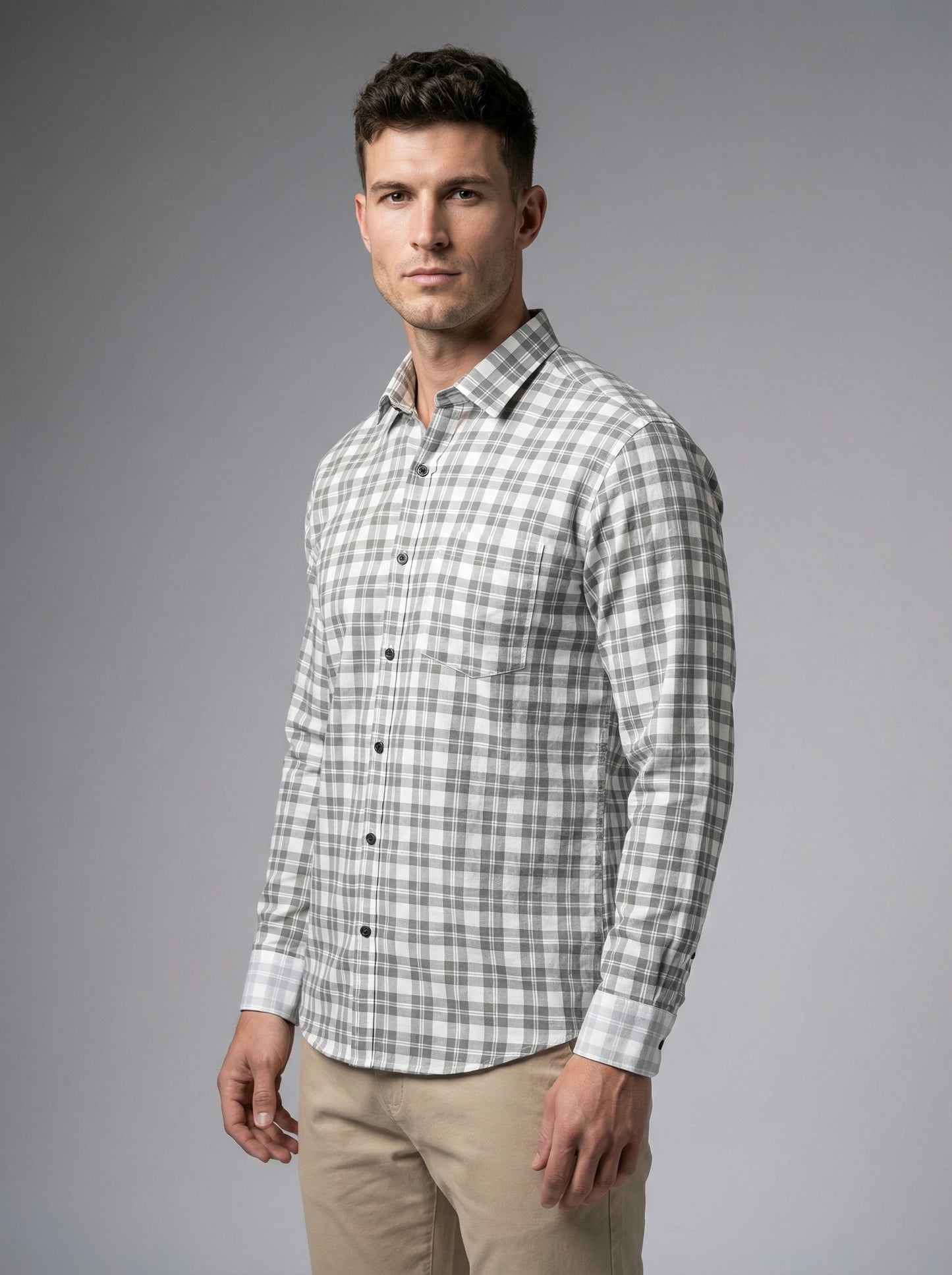Men's Classic Grey & White Plaid Button-Down Shirt