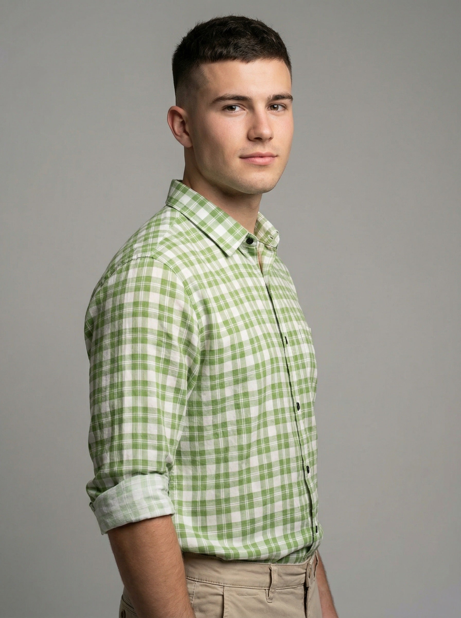Men's Sage Green Gingham Checkered Long Sleeve Button-Down Shirt