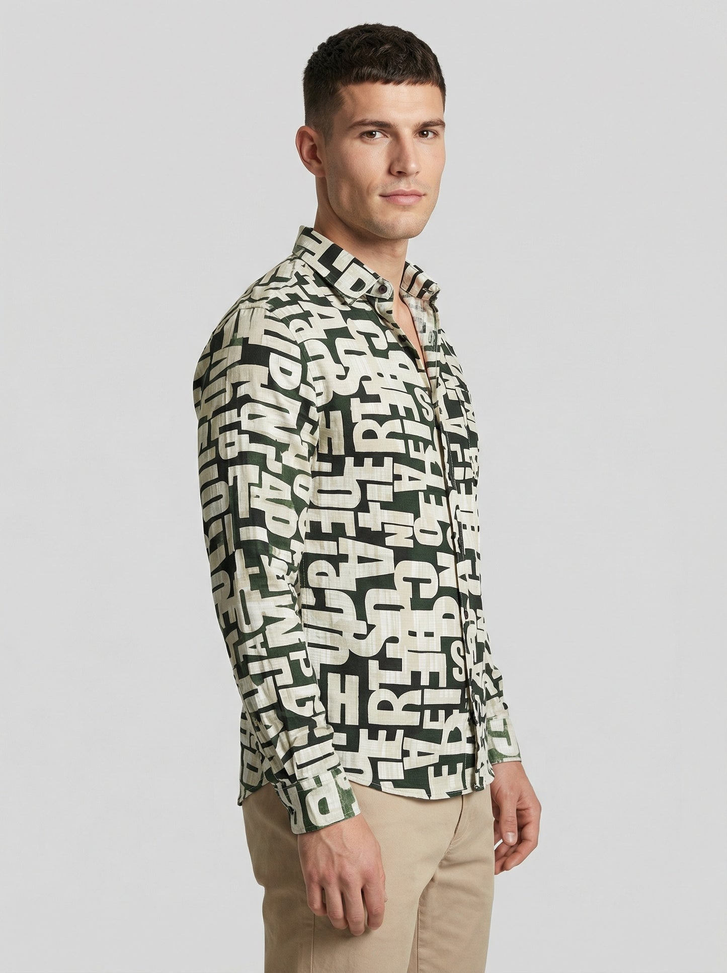 Men's Abstract Typographic Letter Print Long Sleeve Button-Down Shirt