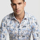 Men's Tropical Palm Blue Leaf Print Long Sleeve Button-Down Casual Shirt - Summer Vacation Style