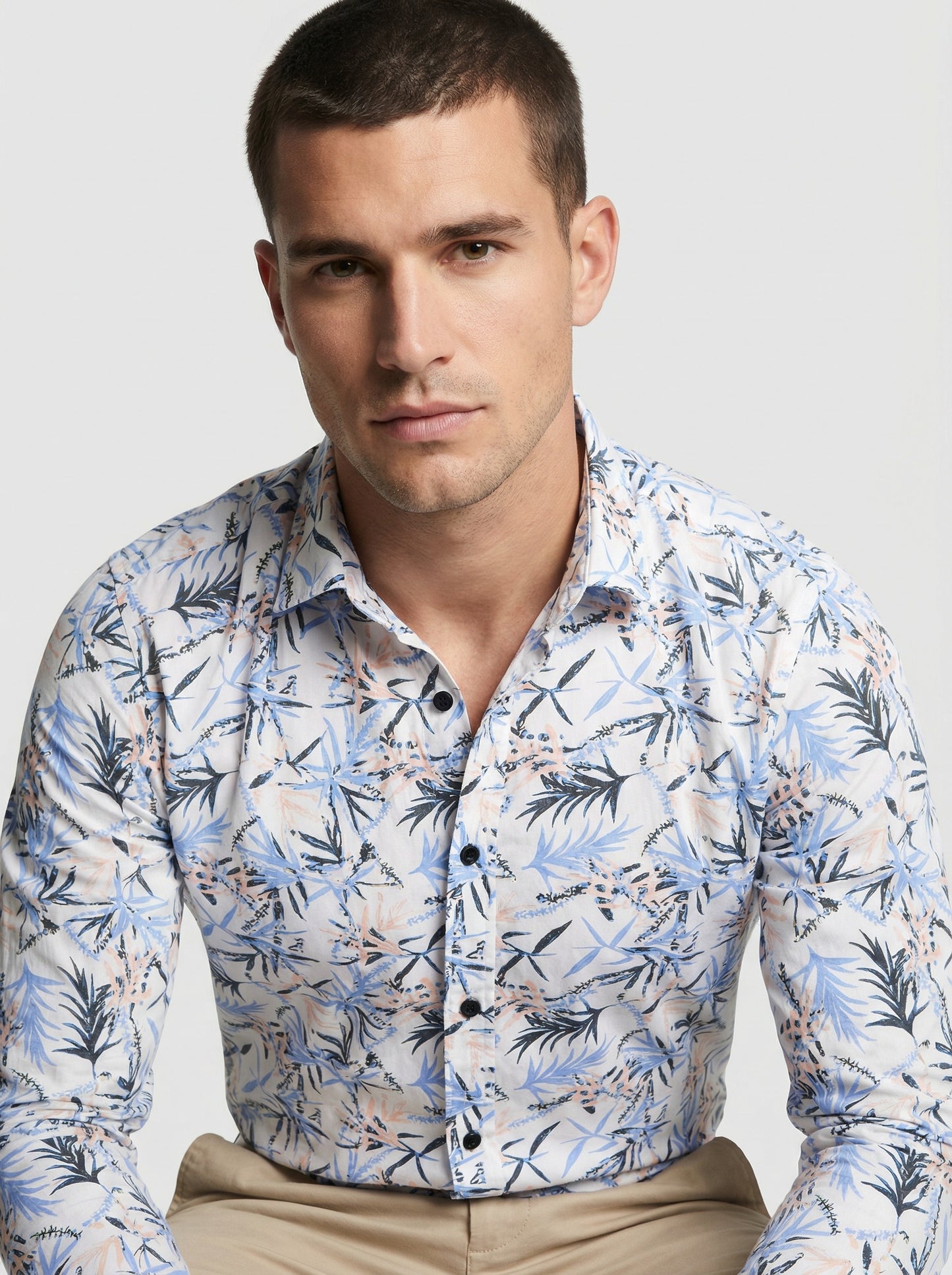 Men's Tropical Palm Blue Leaf Print Long Sleeve Button-Down Casual Shirt - Summer Vacation Style