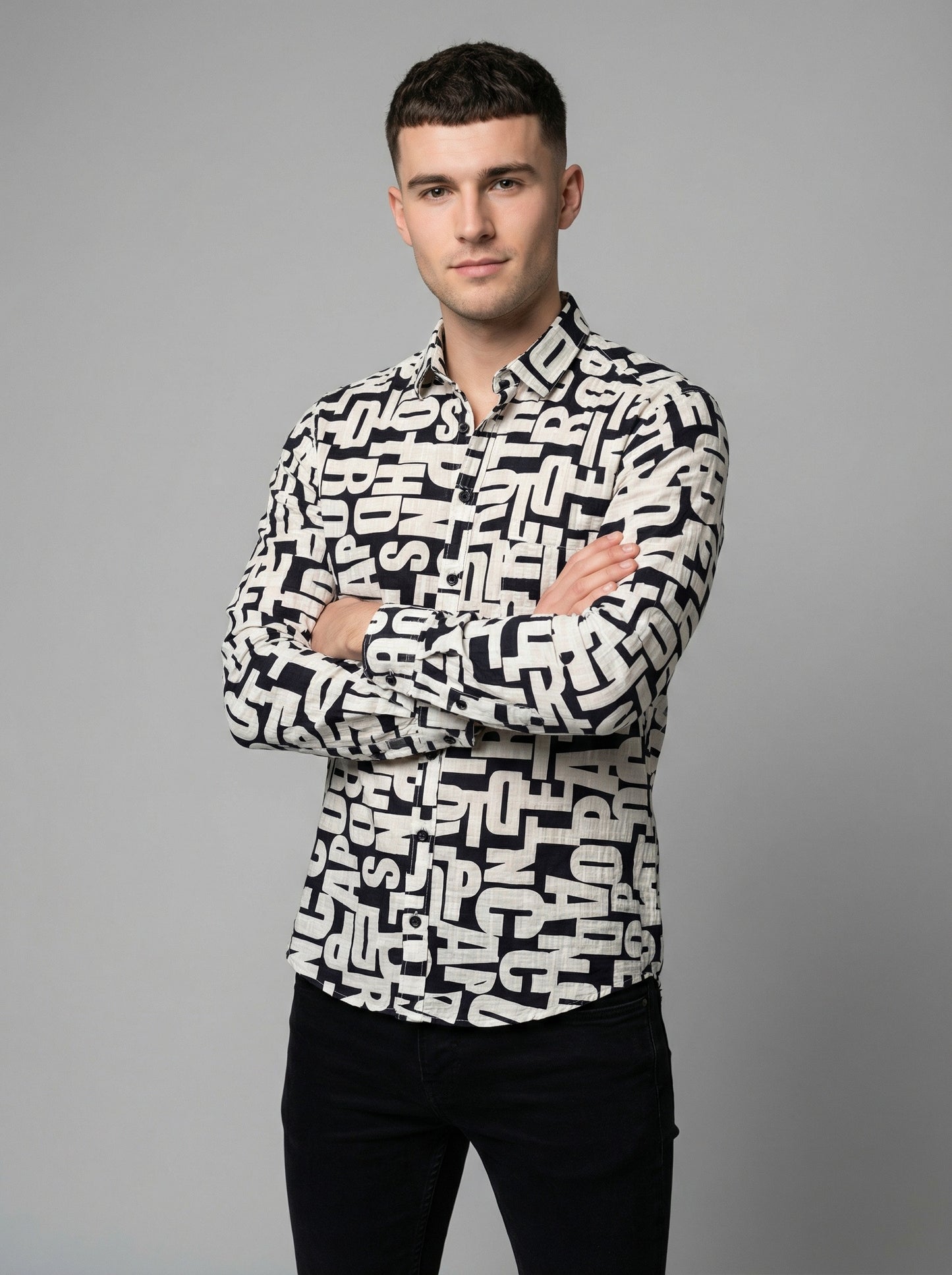 Men's Alphabet Graphic Print Long-Sleeve Button-Down Shirt