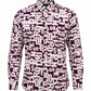 Men's Abstract Alphabet Print Button-Up Shirt - Burgundy & Cream Graphic Long Sleeve