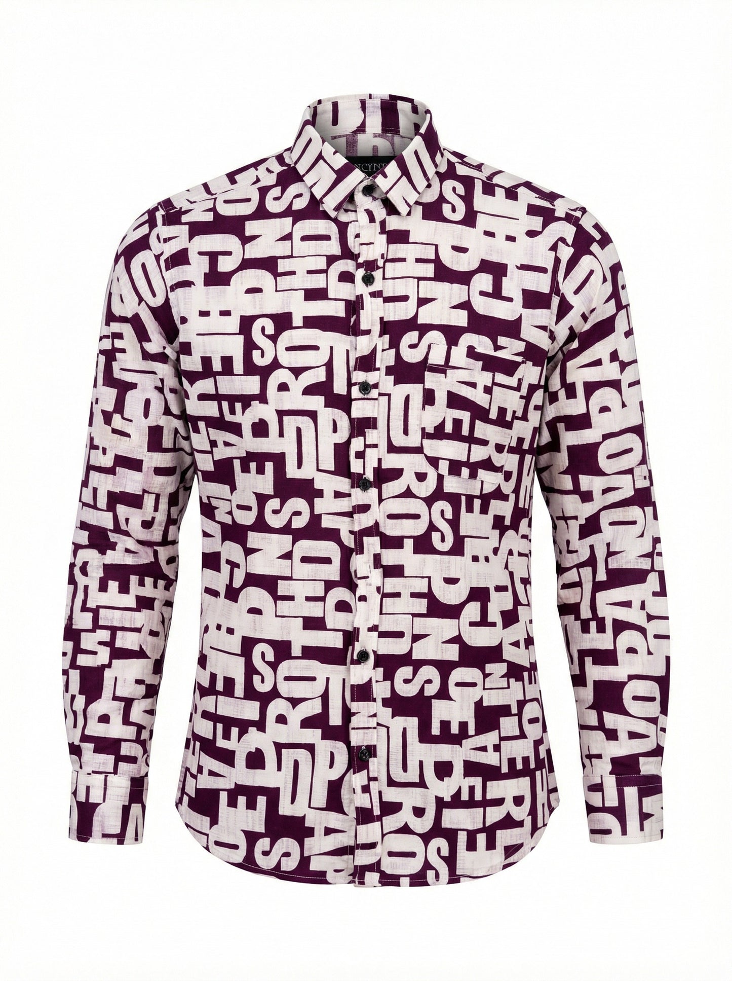 Men's Abstract Alphabet Print Button-Up Shirt - Burgundy & Cream Graphic Long Sleeve