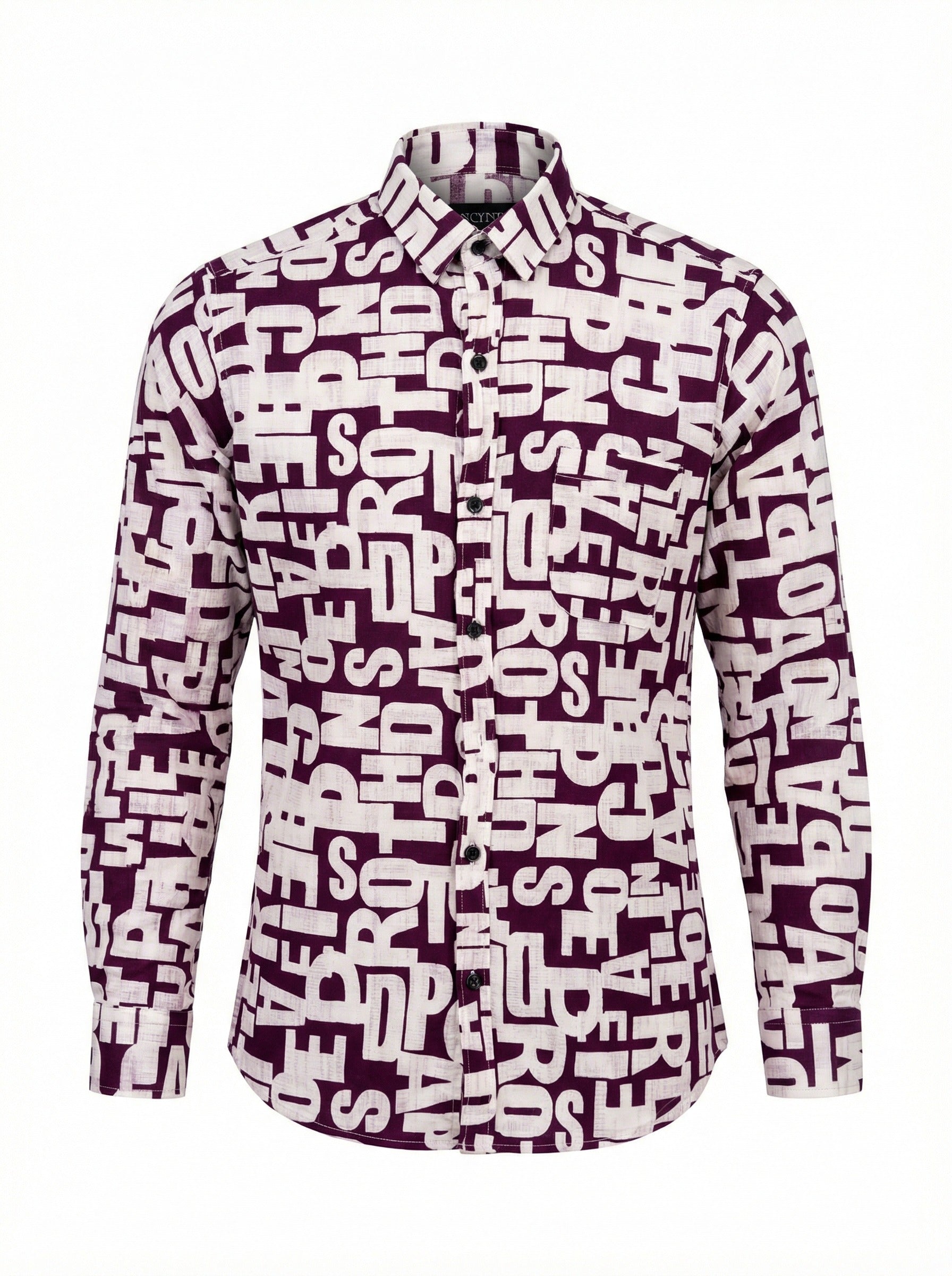 Men's Abstract Alphabet Print Button-Up Shirt - Burgundy & Cream Graphic Long Sleeve