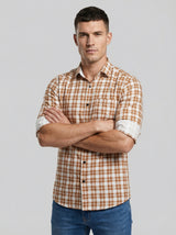 Men's Orange and White Gingham Checkered Button-Down Shirt