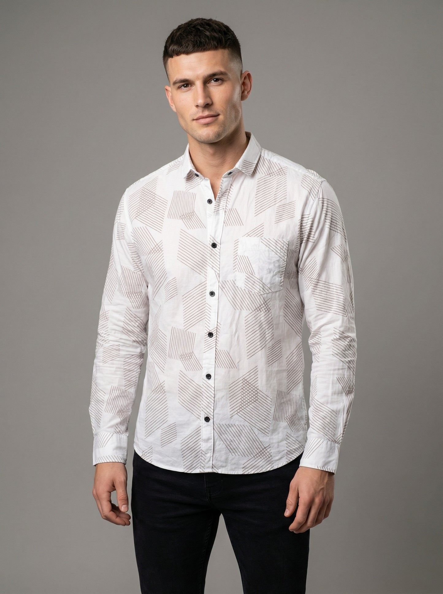 Men's Modern Geometric Line Pattern Long Sleeve Button-Down Shirt