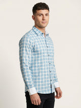Men's Classic Blue and White Gingham Checkered Long Sleeve Button-Down Shirt