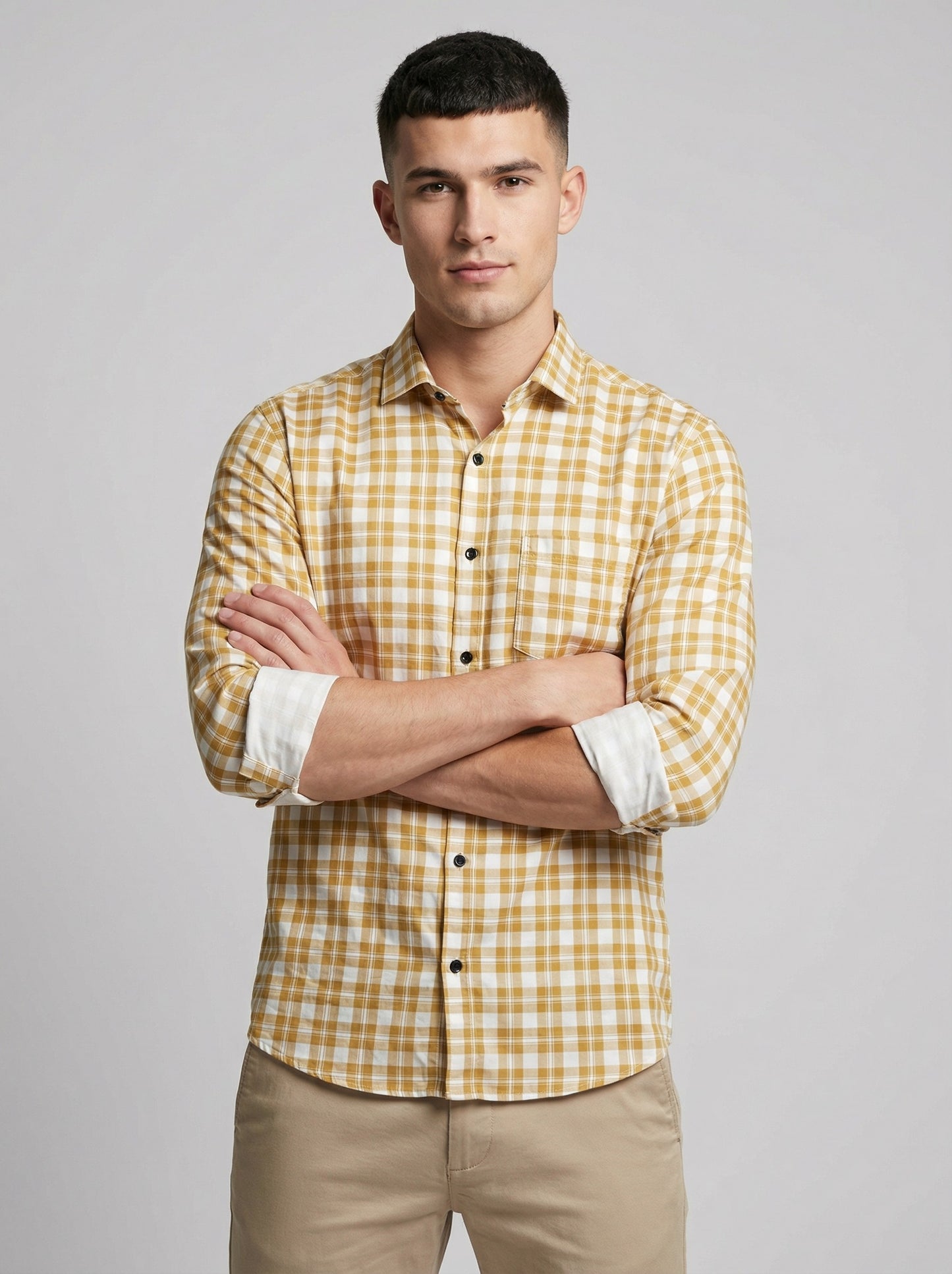 Men's Mustard Yellow Gingham Check Button-Down Shirt with Contrast Cuffs