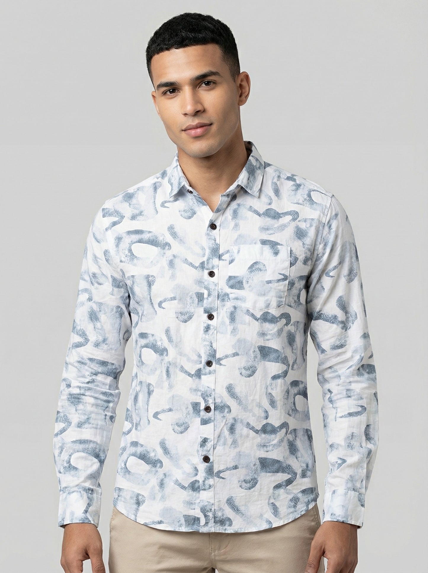Men's Abstract Print Long Sleeve Button-Down Shirt - Lightweight Casual Top