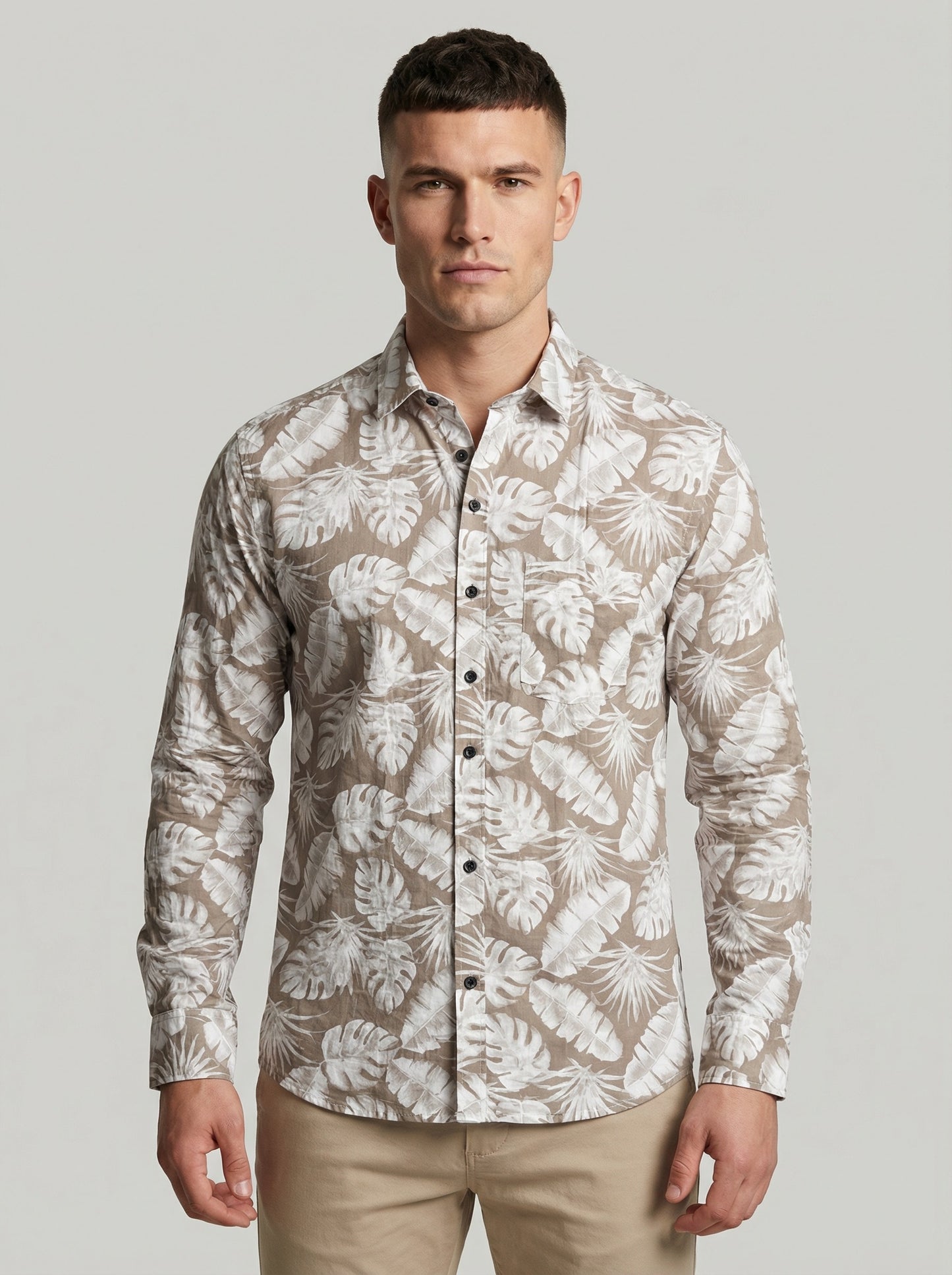 Men's Beige Tropical Leaf Print Long Sleeve Button-Down Shirt