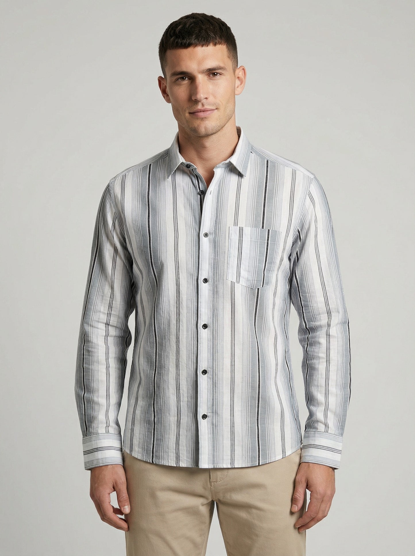 Men's Classic Grey and White Horizontal Striped Long Sleeve Button-Down Shirt