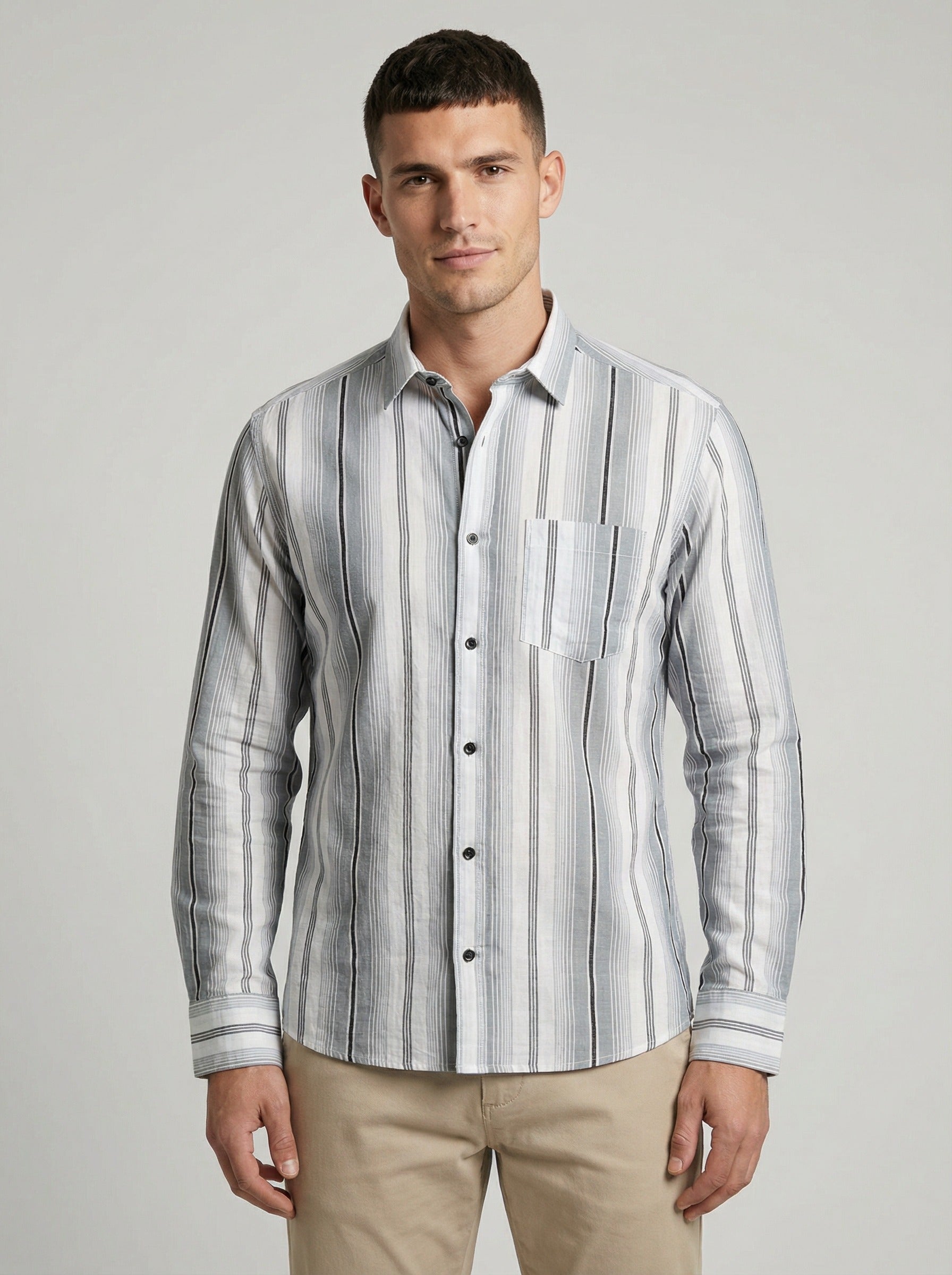 Men's Classic Grey and White Horizontal Striped Long Sleeve Button-Down Shirt