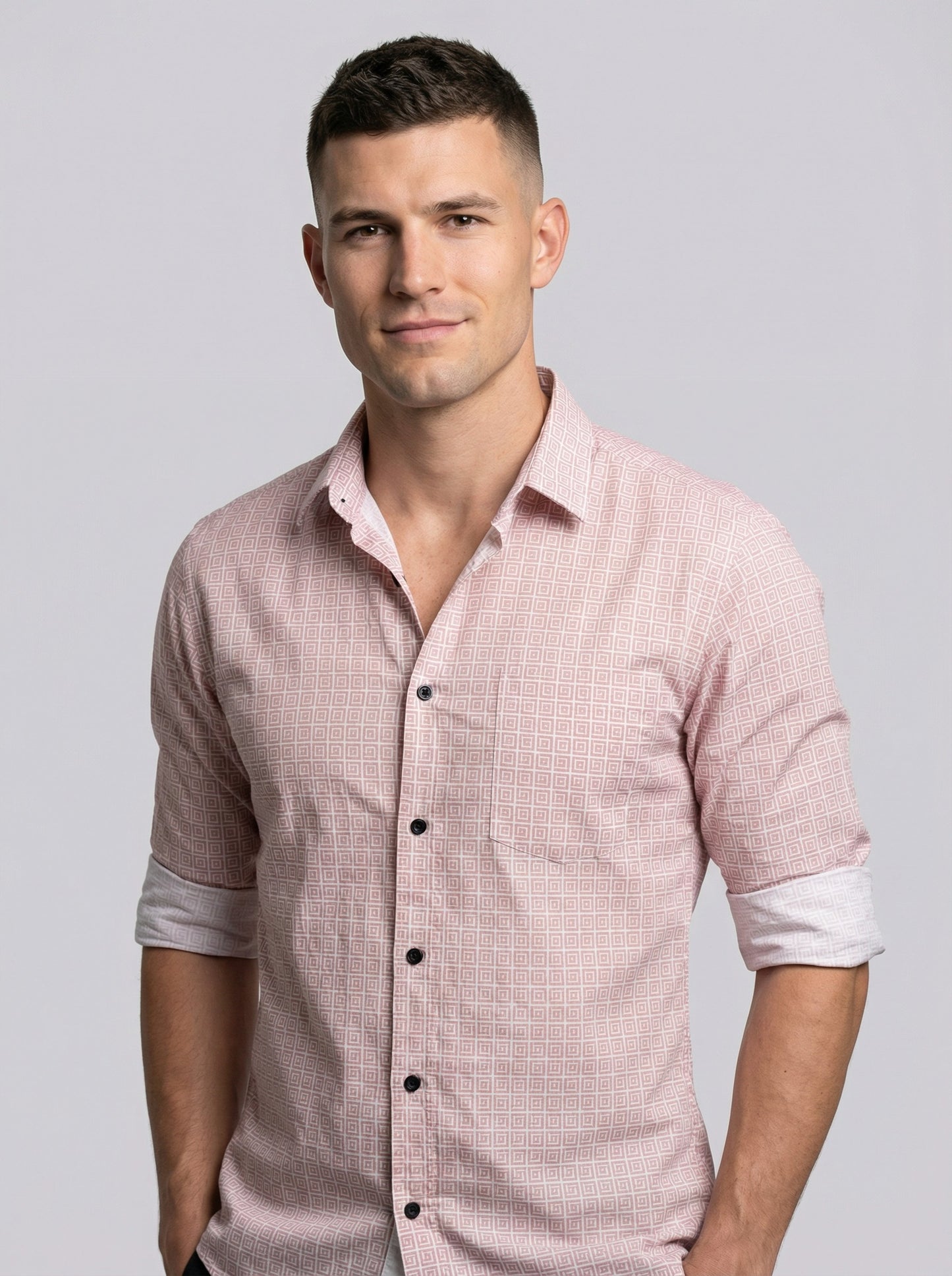 Men's Pink Geometric Print Button-Down Shirt with Contrast Cuffs