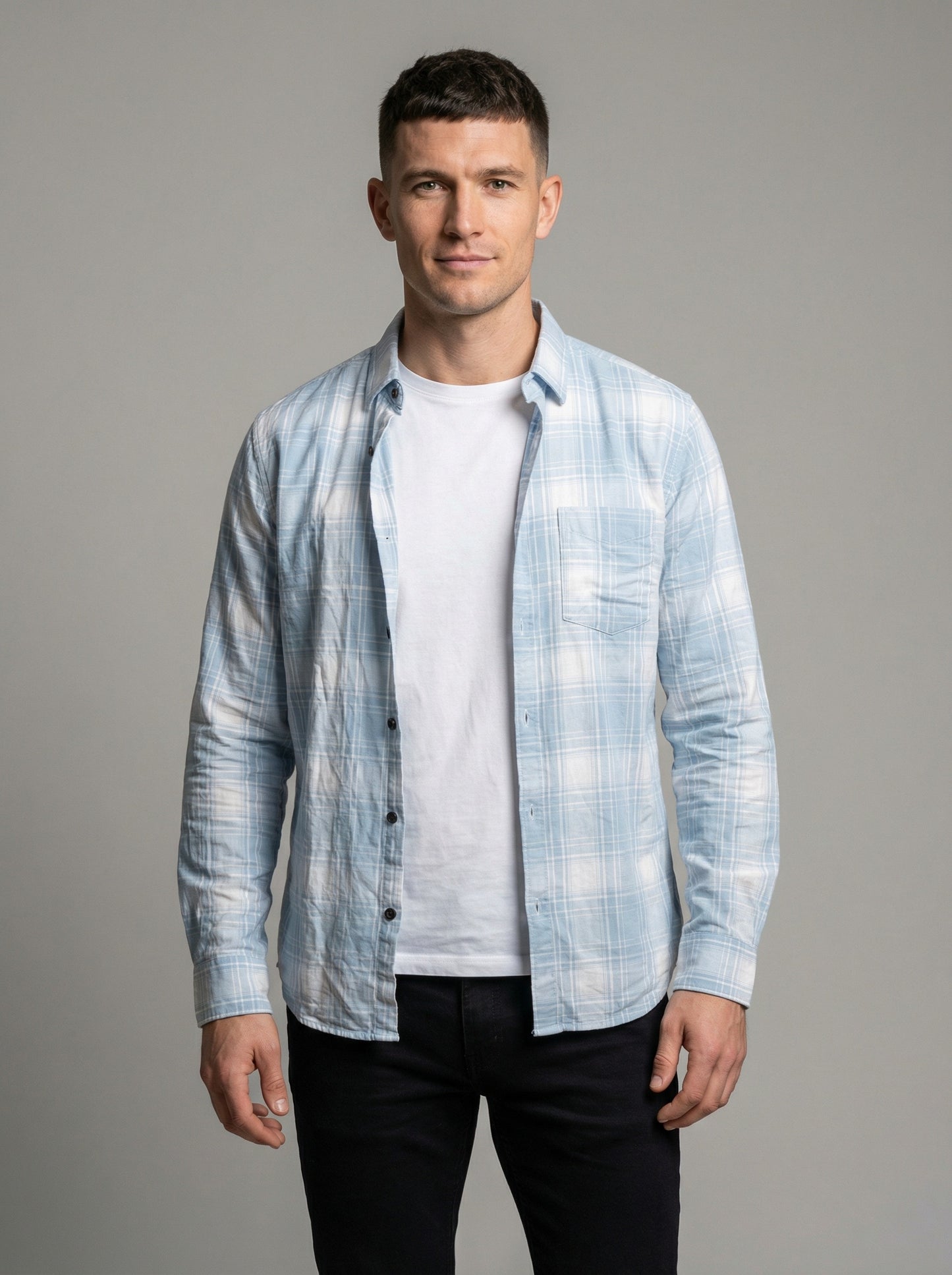 Men's Light Blue and White Plaid Long Sleeve Button-Down Shirt