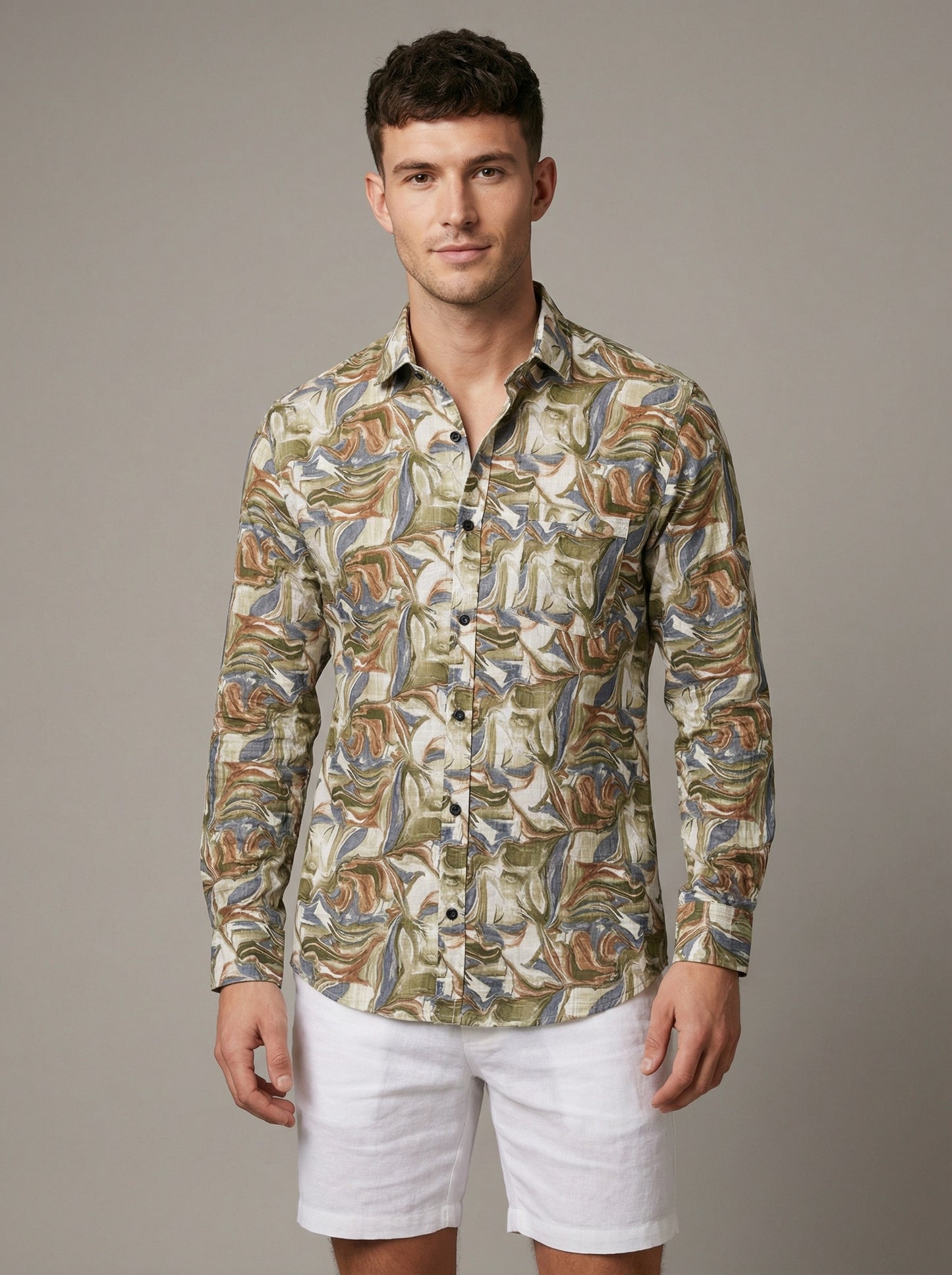 Men's Abstract Swirl Print Button-Down Shirt in Earth Tones