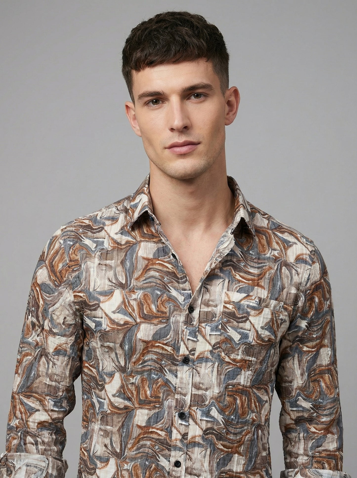 Vintage-Inspired Men's Earth Tone Marble Print Button-Down Shirt