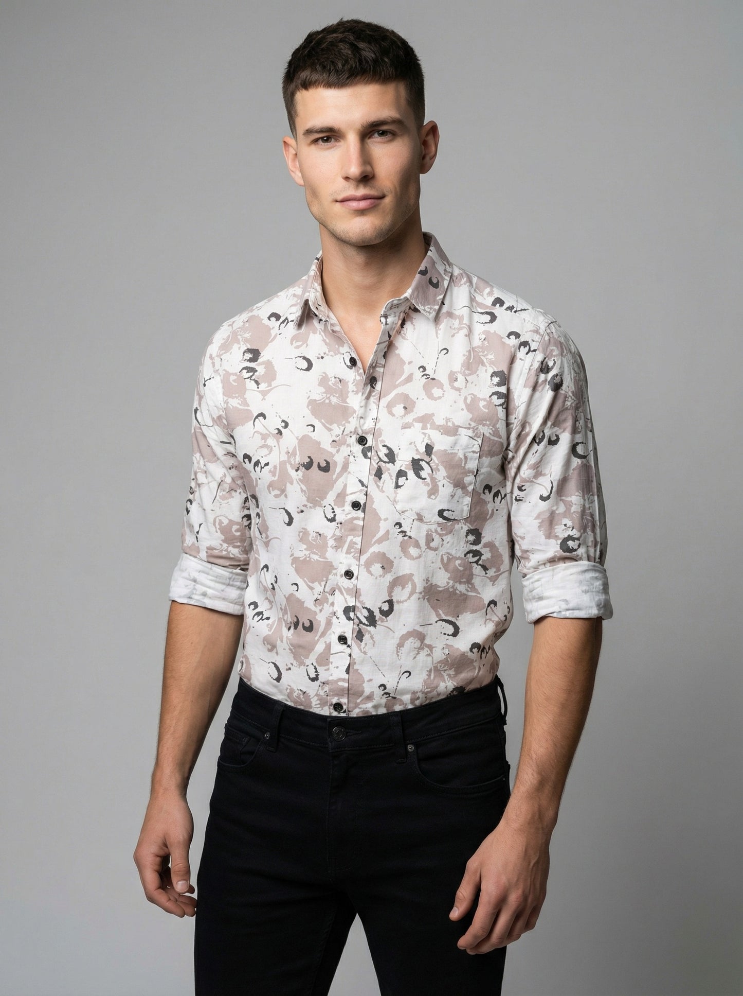 The Showfine Men's Abstract Floral Print Button-Down Shirt - Breathable Linen Blend