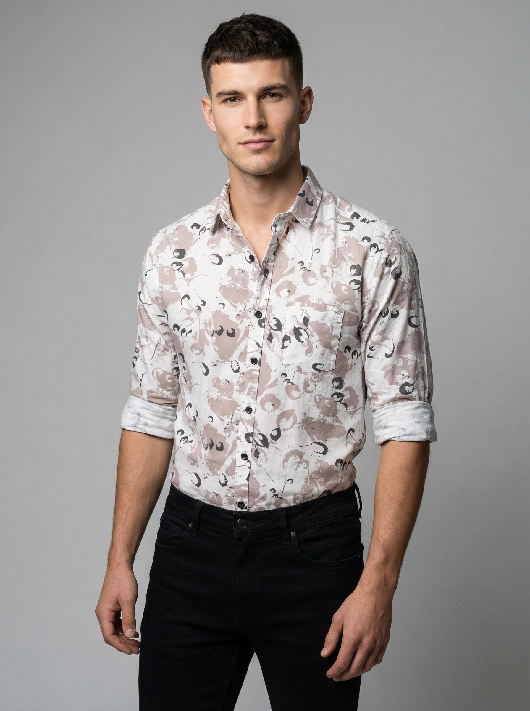The Showfine Men's Abstract Floral Print Button-Down Shirt - Breathable Linen Blend