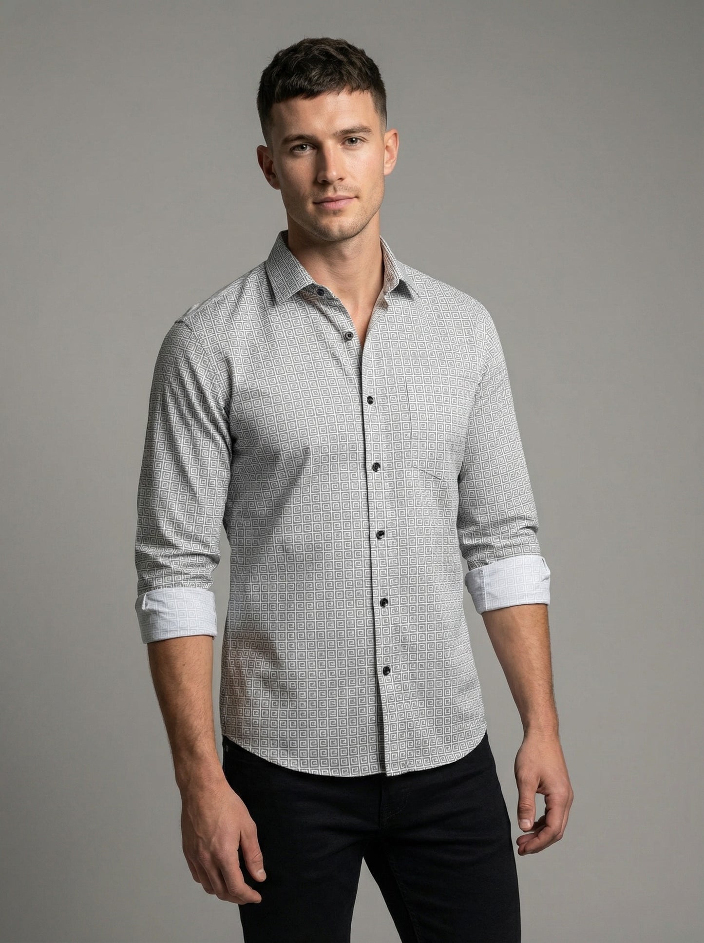 Men's Geometric Greek Key Pattern Long Sleeve Button-Down Shirt