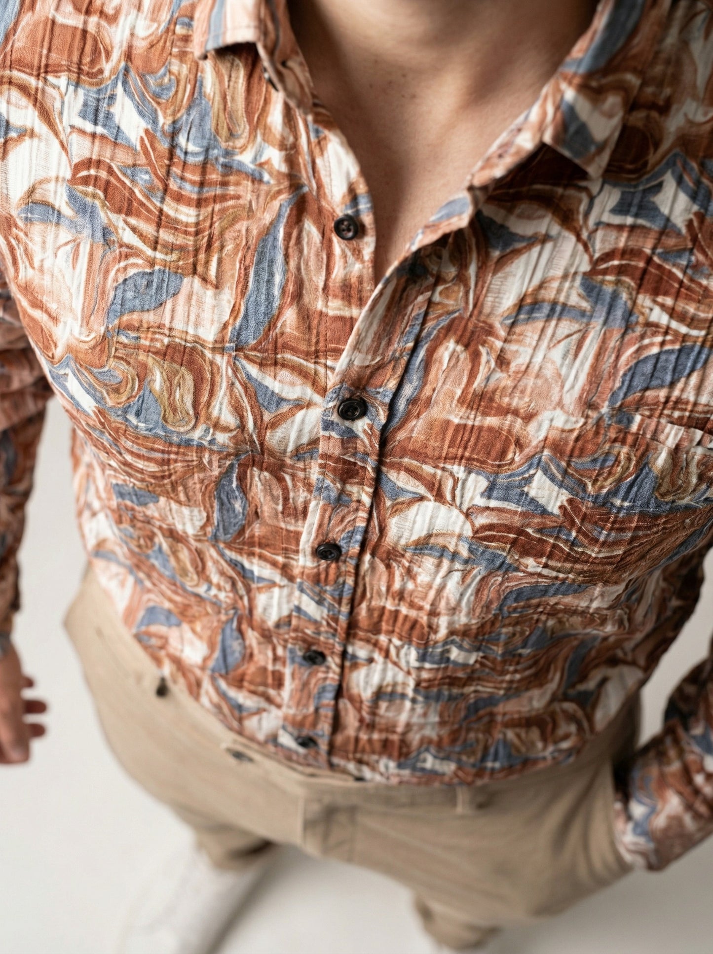 Abstract Marble Print Crinkle-Textured Button-Down Shirt