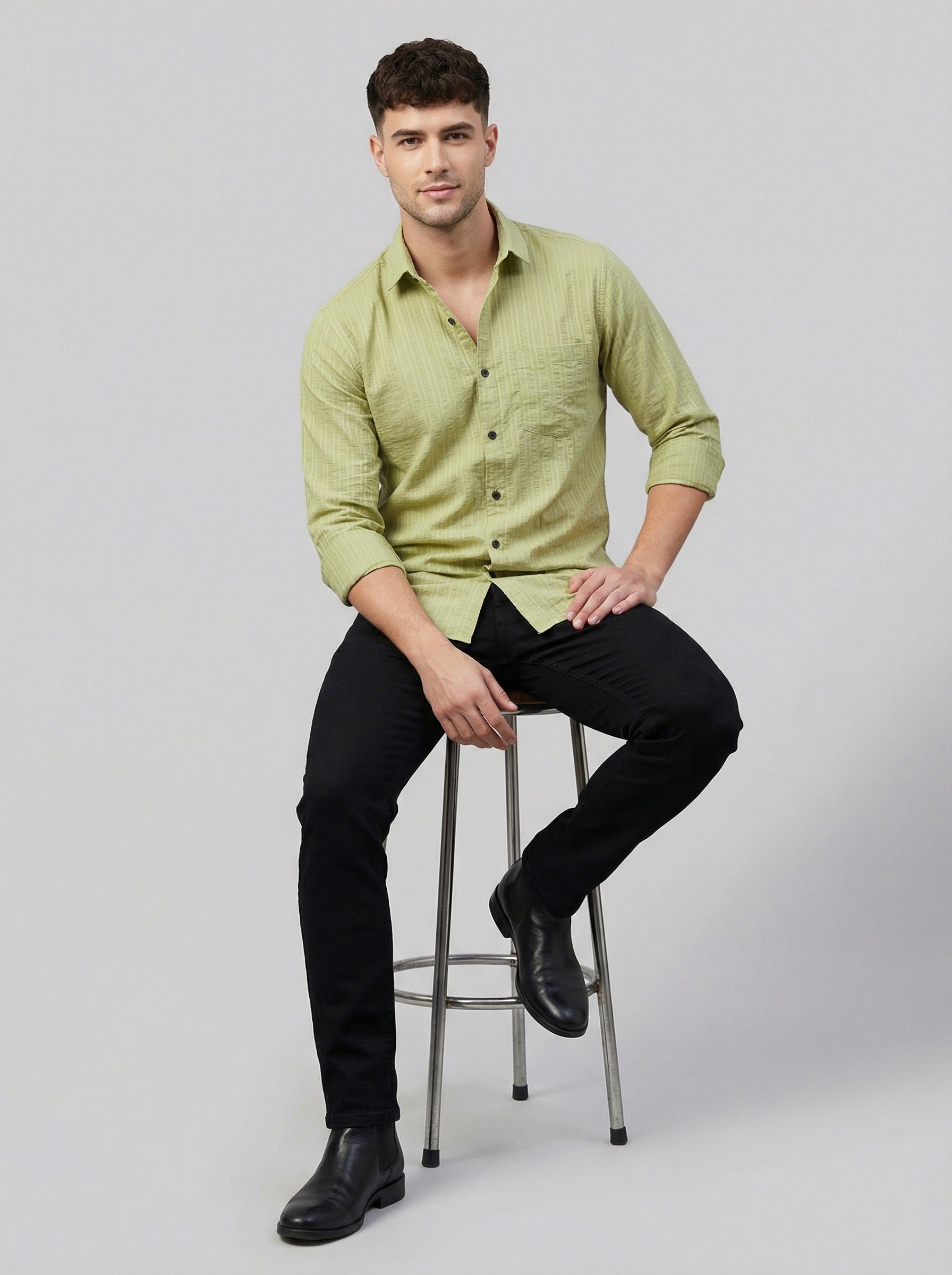 Men's Lime Green Textured Long Sleeve Button Down Casual Shirt