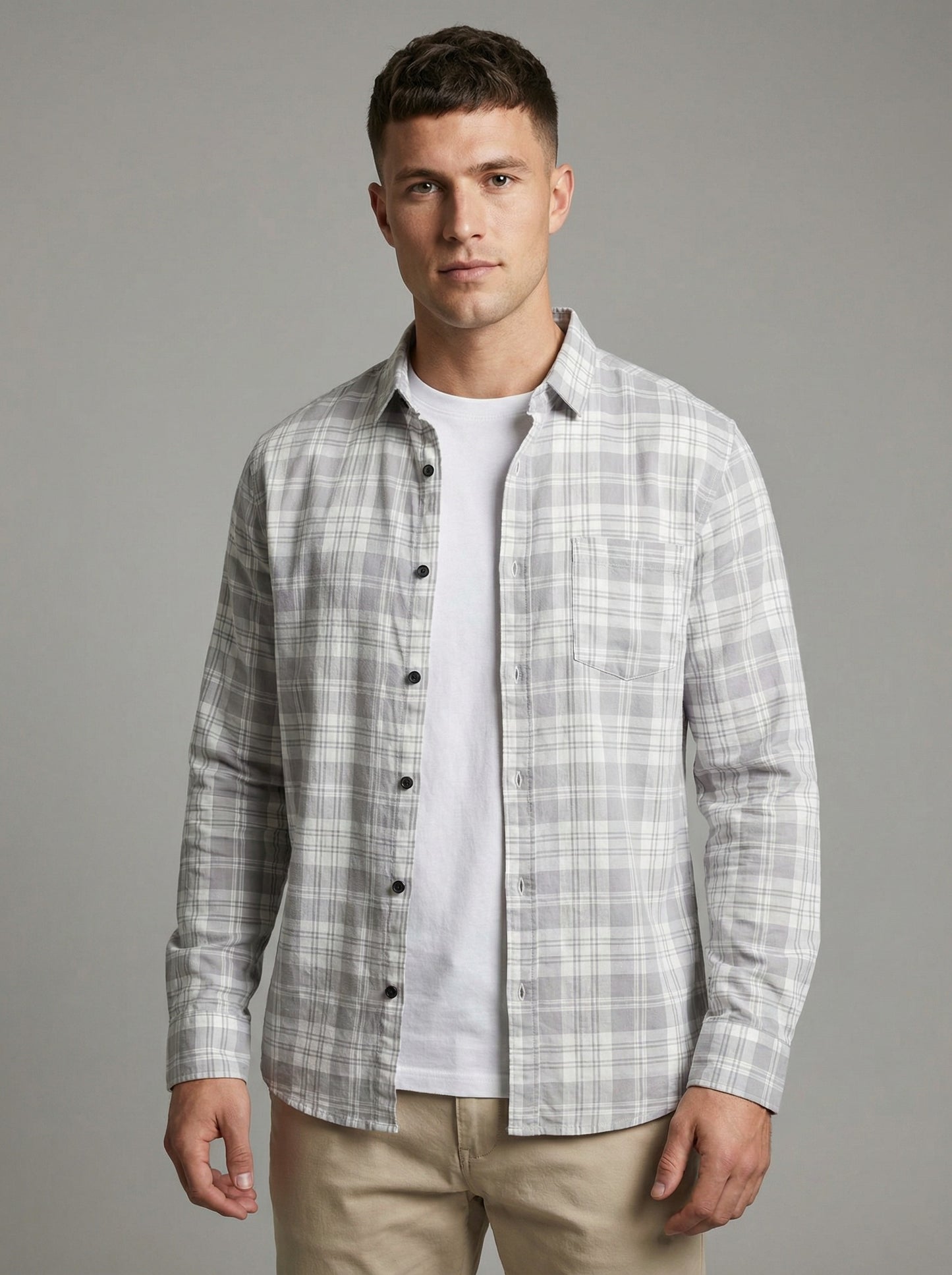 The Showfine Men's Grey and White Plaid Long-Sleeve Button-Down Shirt