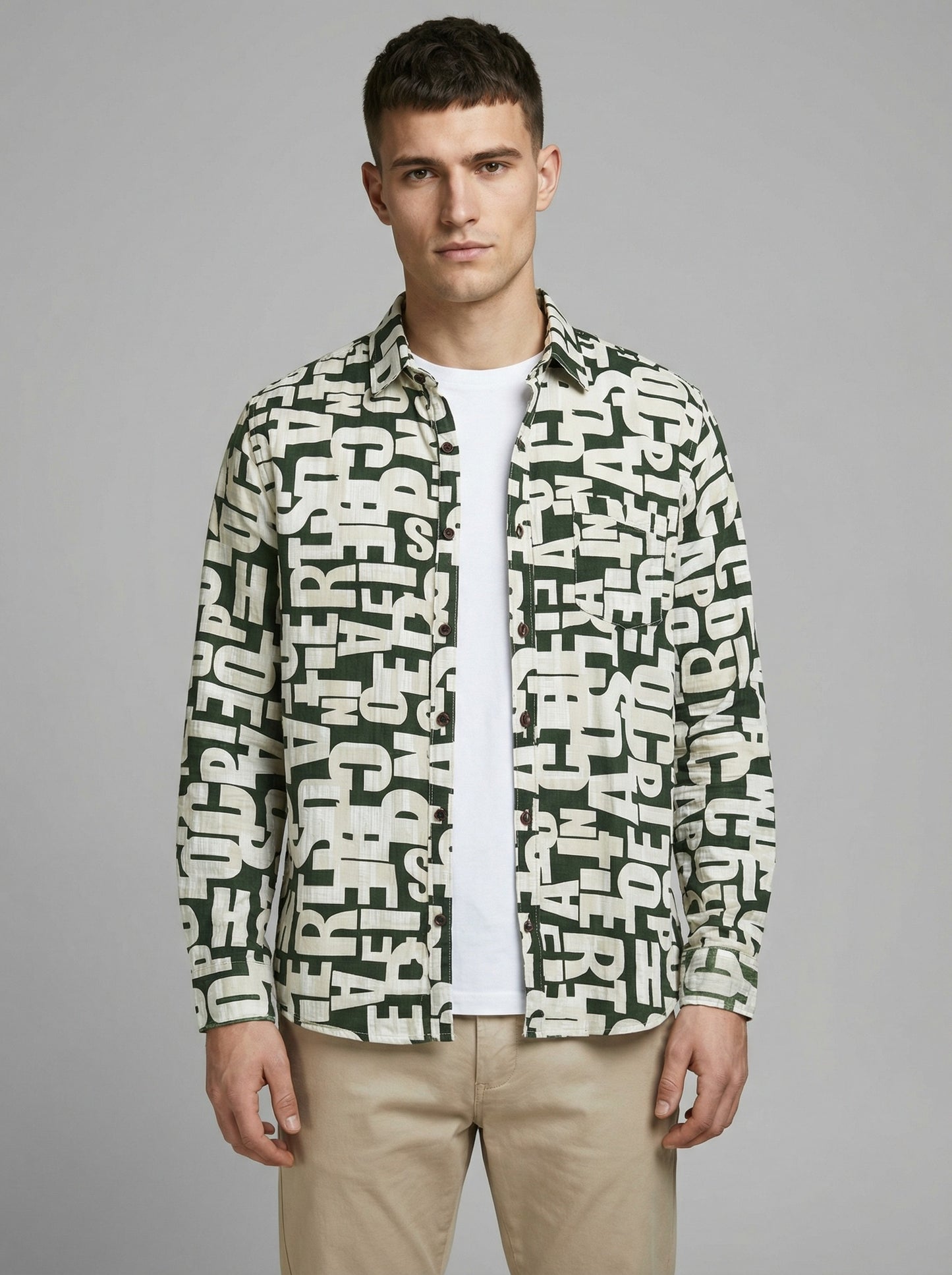 Men's Abstract Typographic Letter Print Long Sleeve Button-Down Shirt