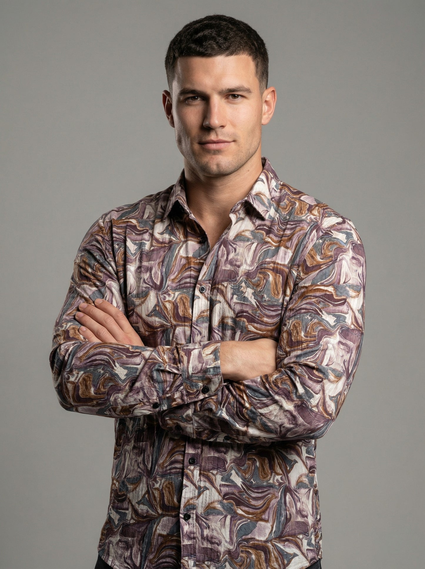 Men's Abstract Print Long Sleeve Button-Down Shirt - Lightweight Casual Top