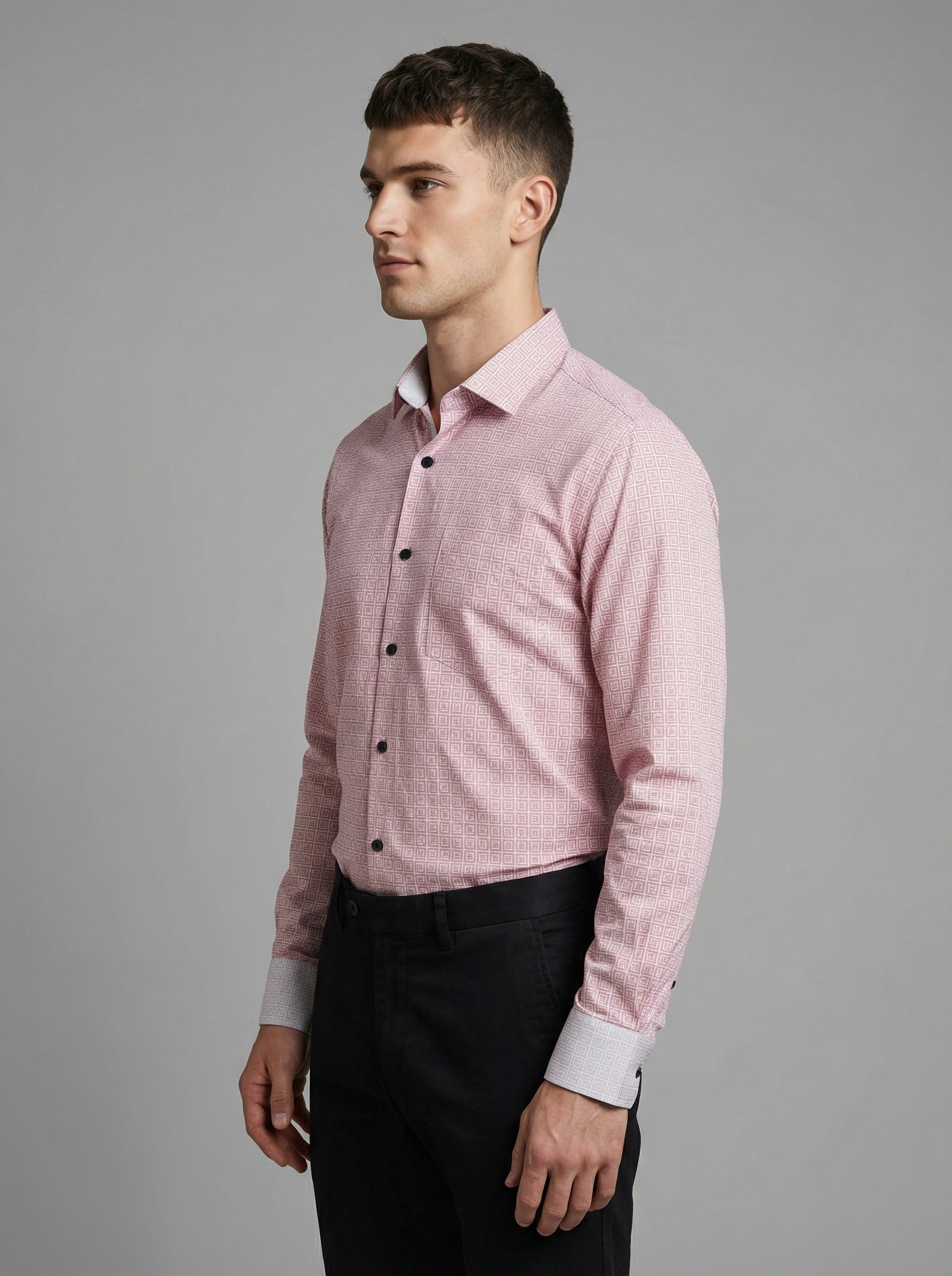 Men's Pink Geometric Print Button-Down Shirt with Contrast Cuffs